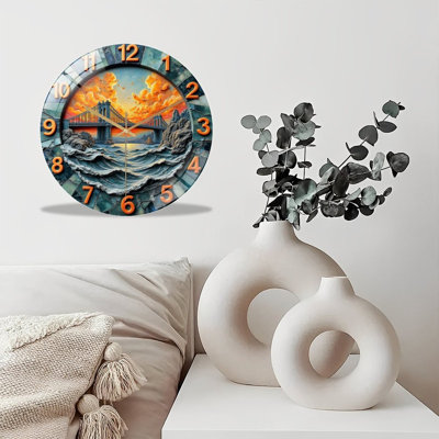 Horloge murale silencieuse en verre trempé de 30 cm, « Horloge murale paysage avec pont et coucher de soleil », sans tic-tac, fonctionne avec des piles (piles AA non comprises), décoration artistique pour la maison