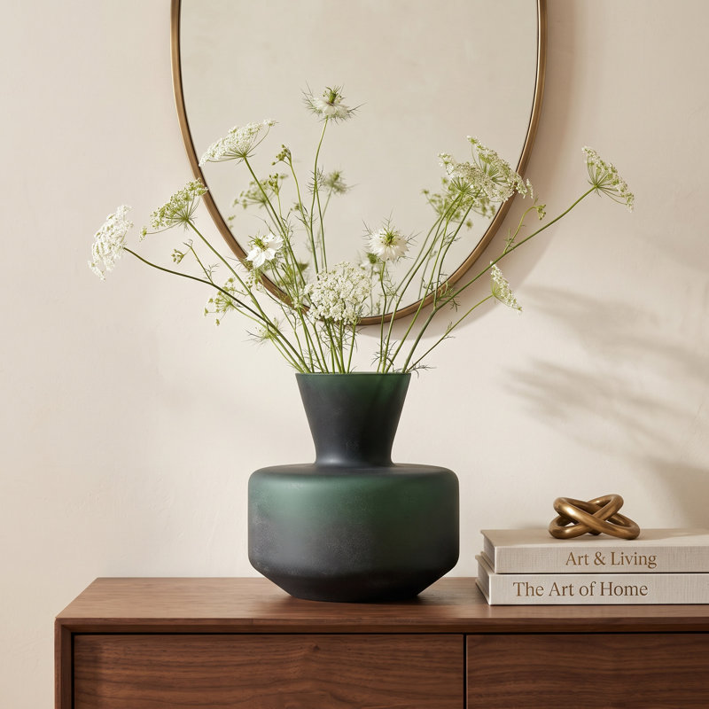 Green Glass Table Vase, 10" H x 10" W x 5.5" D