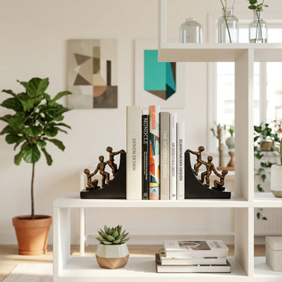 Climbing Figures Bookend Set of 2 – Bronze-Tone Resin Sculpture Bookends for Bookcase, Office Shelf & Home Library Decor