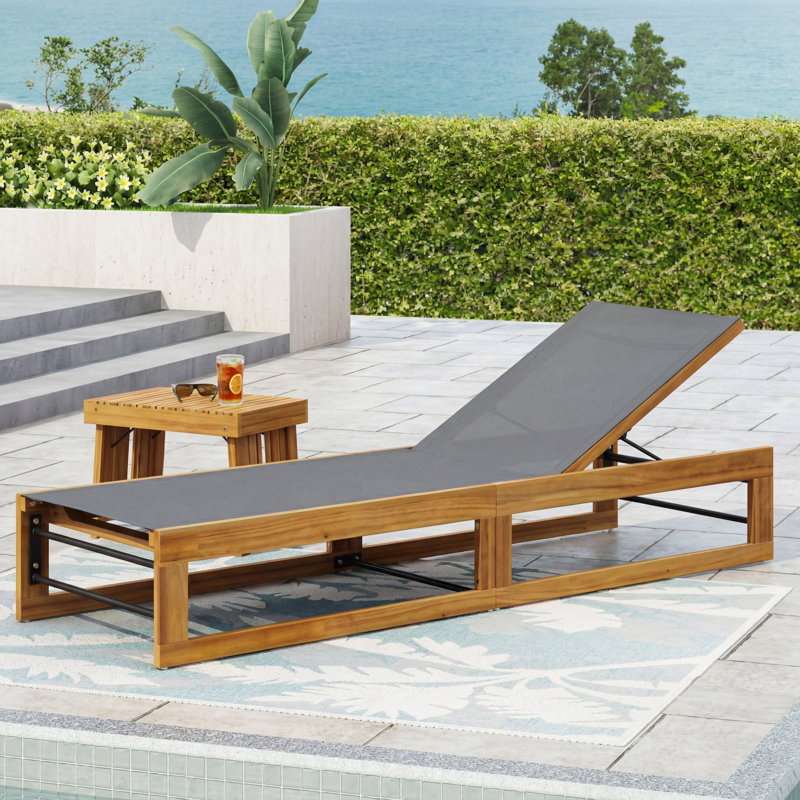 Arvada 78.75'' Long Reclining Acacia Single Chaise, 4, Dark Gray Mesh/Teak Frame