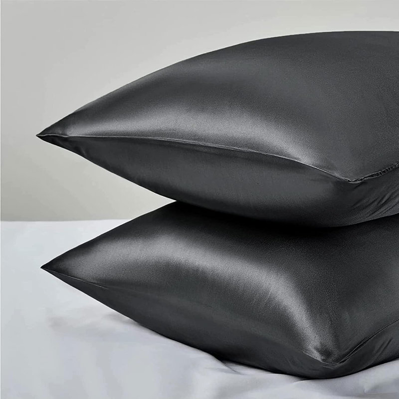 Silk Pillowcases for Hair and Skin Health Soft Smooth Breathable Pillow Cover (Set of 2), Queen, Black