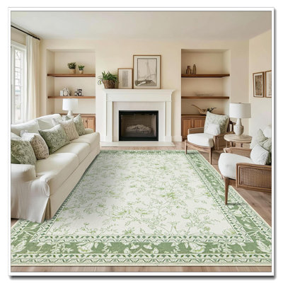 Sage Green Cream Beige 8X10 Boho Rug Washable Floral Non-Slip Carpet For Living Room Bedroom