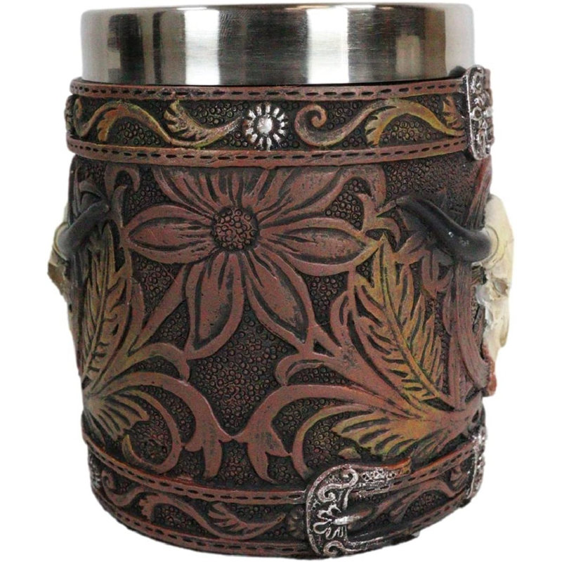 Crâne de vache Ebros Western Bull rustique avec plumes Dreamcatcher et tasse à café en dentelle à volutes en similicuir à finition Wild West