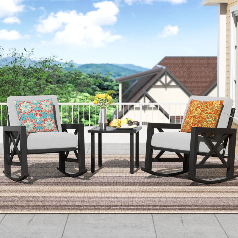 Isfried 3-Piece Metal Frame Outdoor Conversation Set with Thick Cushions, Light Gray Cushion/Black Frame