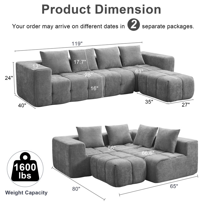 Modular Chenille Cloud Sofa, 3-Piece Boneless L-Shape Sectional with Ottoman, No Assembly, Light Gray Chenille