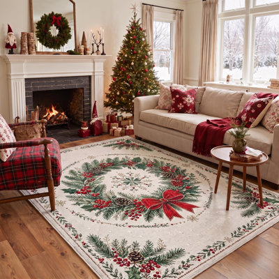 Tapis lavable à poils courts ivoire / vert Pinecone Garland & Wreath