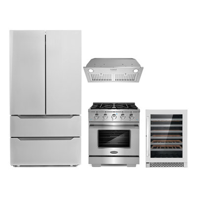 Cosmo 4 Piece Kitchen Appliance Package with French Door Refrigerator , 30'' Gas Freestanding Range , Insert Range Hood , Wine Refrigerator , and Air -  COS-4PKG-757