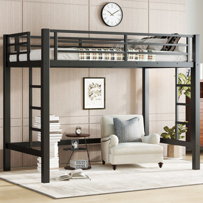 Queen Metal Loft Bed With Guardrails & Dual Ladders Space-Saving Design by Wrought Studio