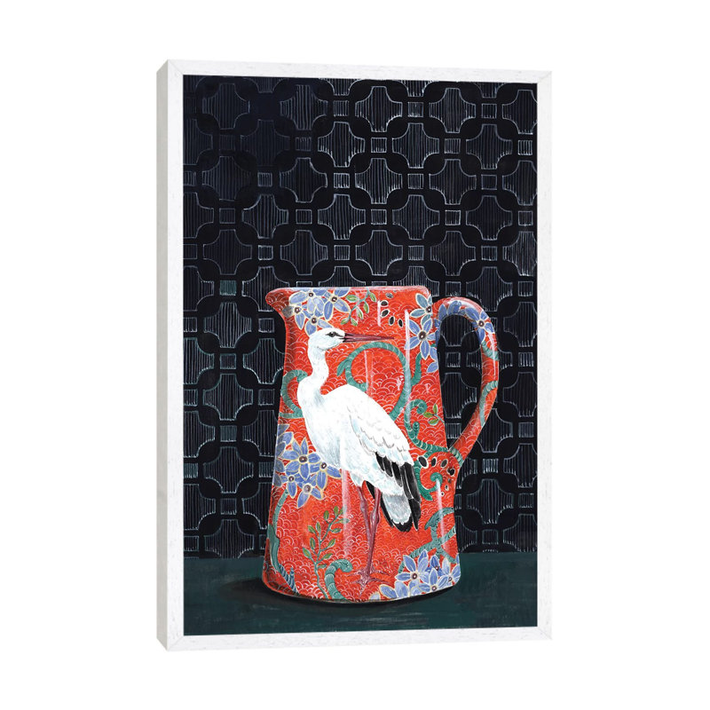 Red Pitcher With Stork by Miri Eshet - Print on Canvas, 101.6 cm H x 66.04 cm W, White Framed