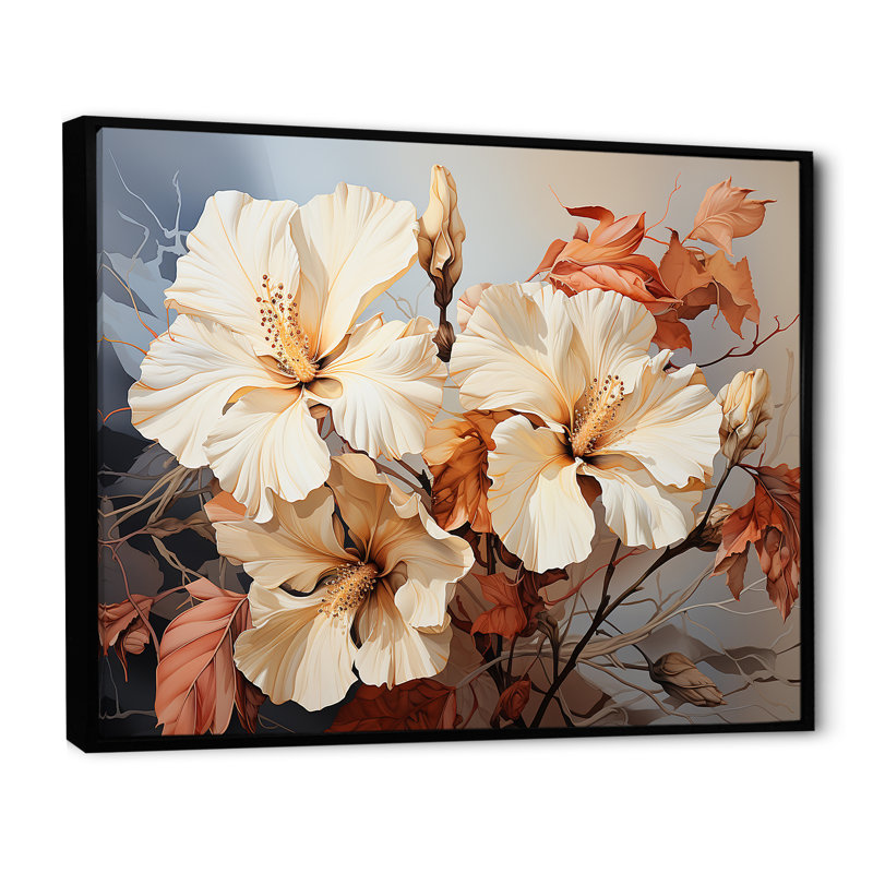 Fleurs d'hibiscus aux tons rétro évoquant la nostalgie, Cadre flottant noir, H 30 po x l 40 po x P 1,5 po