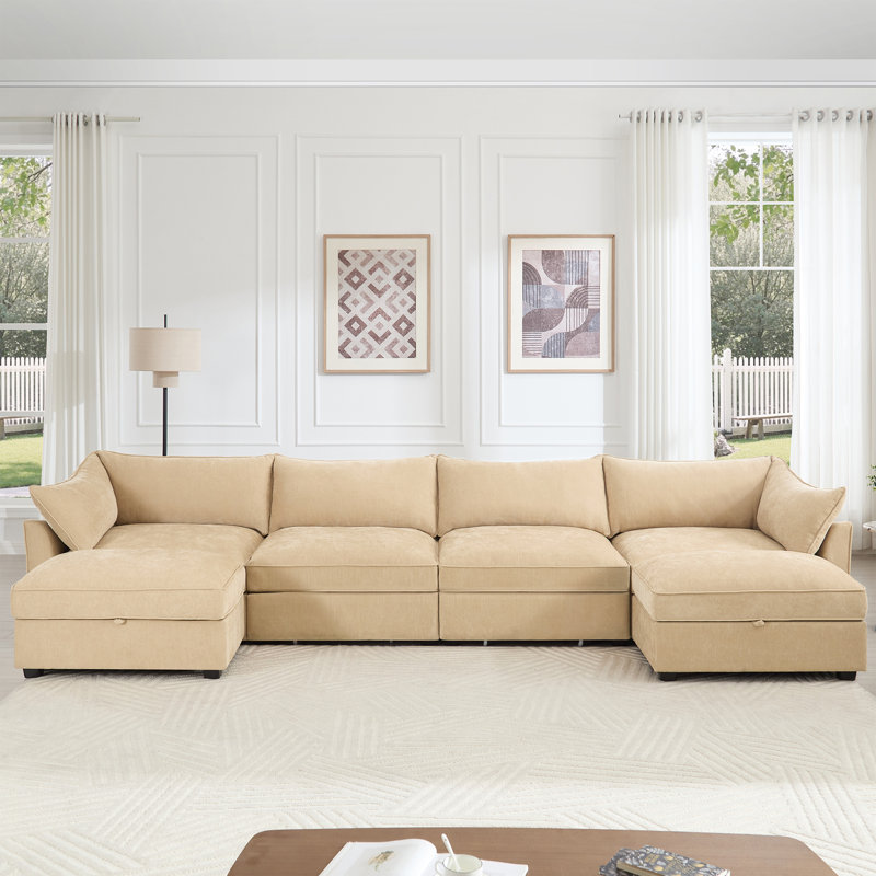 U Shape 4 Seater Deep Seat Sofa Couch with Ottomans,4-Seat Sofa with with 2 Movable Ottomans,, Oversized Modular Sectional Sofa with 6 Seats and Storage Pull out Drawer Under Each Seat,Chenille Wheat
