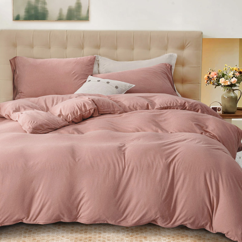 HOME BEDDING Jersey Cotton Duvet Cover Set, King Duvet Cover + 2 King Shams, Petal Pink