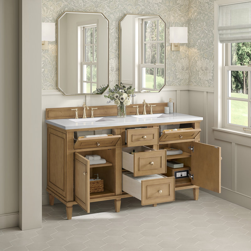 Lorelai 60'' W Double Vanity, White Zeus, Light Natural Oak, 8" Widespread