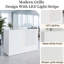 Bureau d'accueil moderne blanc en forme de L avec bande lumineuse DEL intégrée, prises électriques et tiroir verrouillable, idéal pour caisse, salon de coiffure, bureau ou comptoir d'accueil.-129942761-133985416