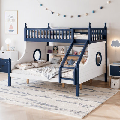Wooden Bunk Bed with Staircase Storage Shelves and Round Porthole Windows for Space Saving Kids Bedroom Sleep Solutions