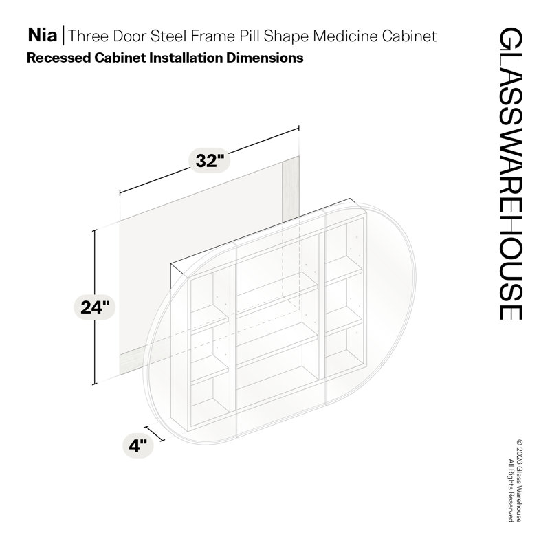 Recessed Framed 2 of Doors Medicine Cabinet with Adjustable Shelves, Satin Brass