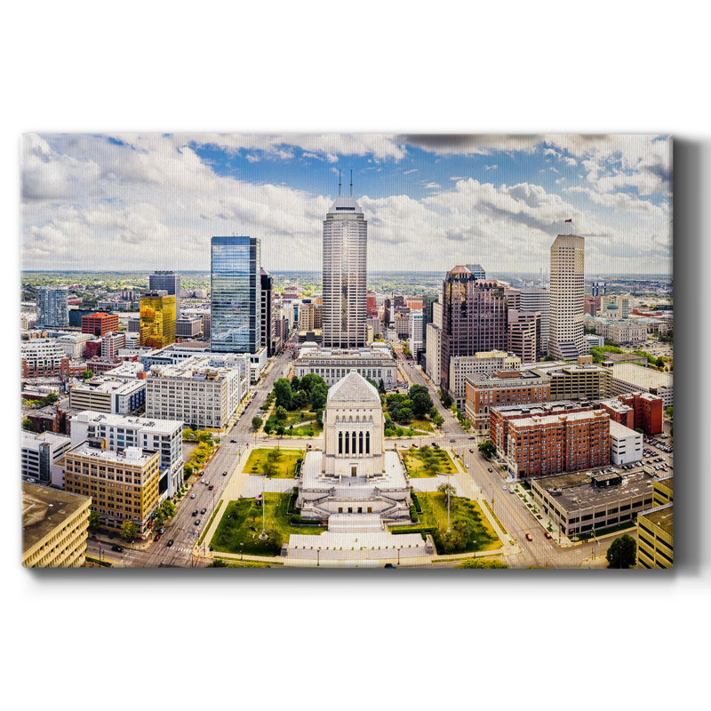 43_Sunny Indiana Statehouse et Indianapolis Skyline, toile tendue avec châssis de qualité supérieure - prête à être accrochée