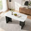 Table de salle à manger rectangulaire moderne en verre trempé avec motif en marbre-131298461