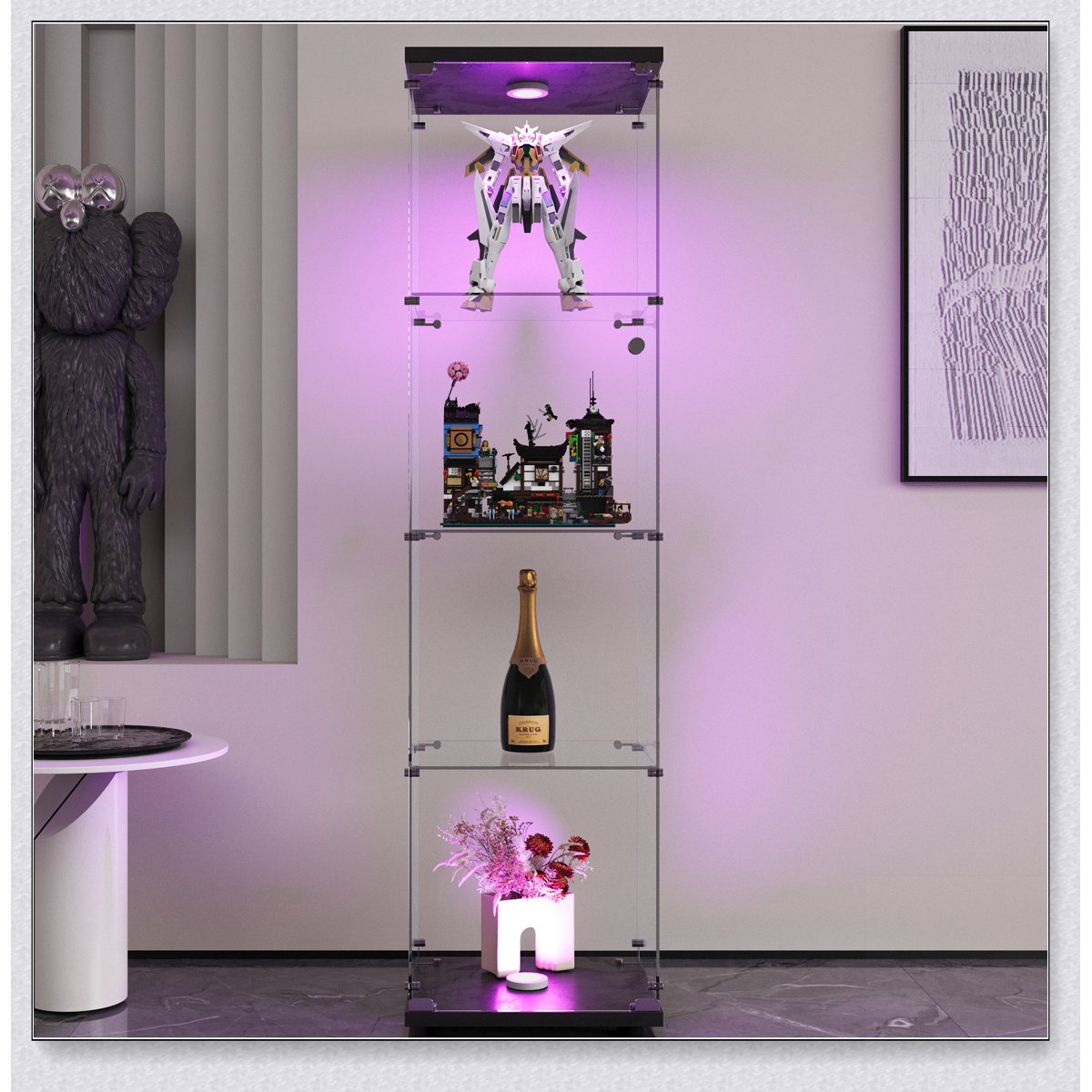 LED lights  Glass Display Cabinet 4 Shelves with Door, Floor Standing Curio Bookshelf