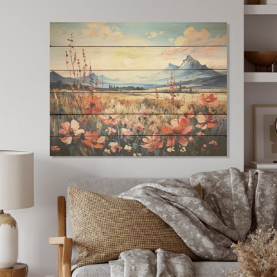 Paysage de montagne orange et bleu Bonnets - Fleurs, art mural sur bois de pin naturel