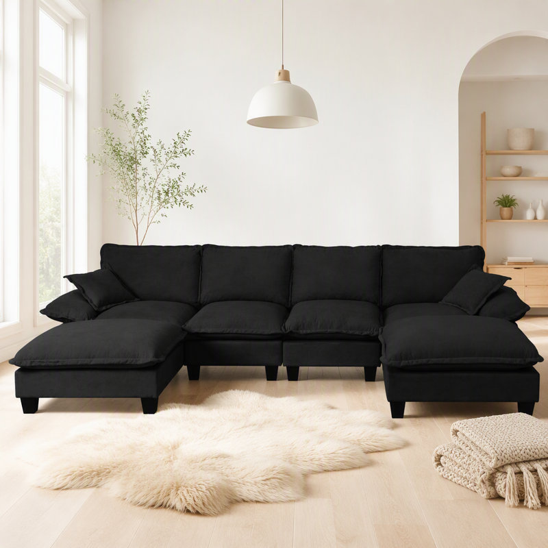 Sailboat-Inspired Modular Cloud Sofa with Movable Ottomans, 130.71" W, Black Chenille