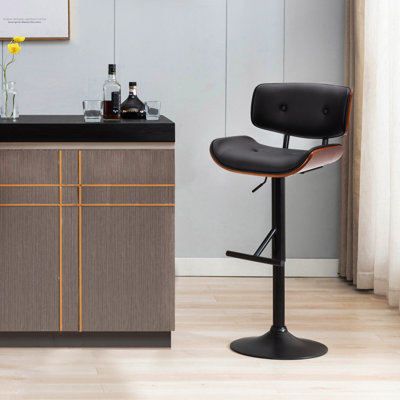Caneghem Height Adjustable Swivel Faux Leather Mid-Century Bar Stool