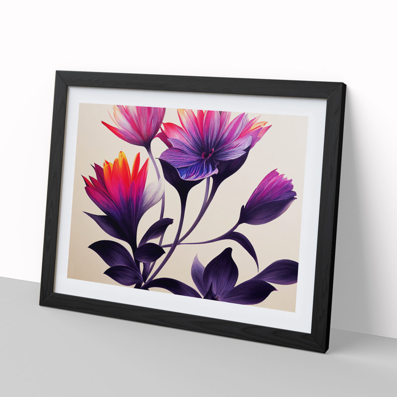 Shimmering Modern Flowers - Single Picture Frame Painting, 46cm H x 64cm W x 2cm D, Black