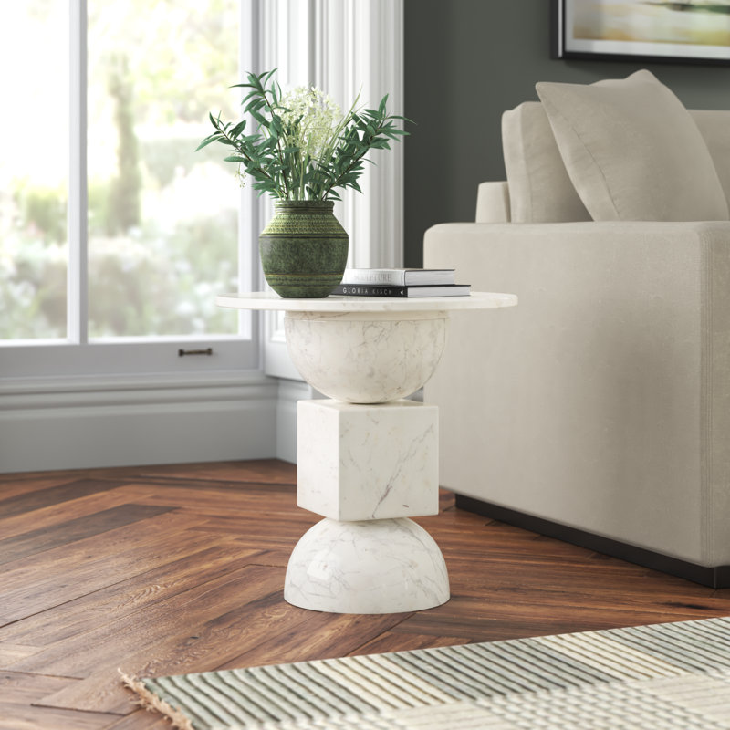 Zed Genuine Marble Pedestal End Table, Polished White