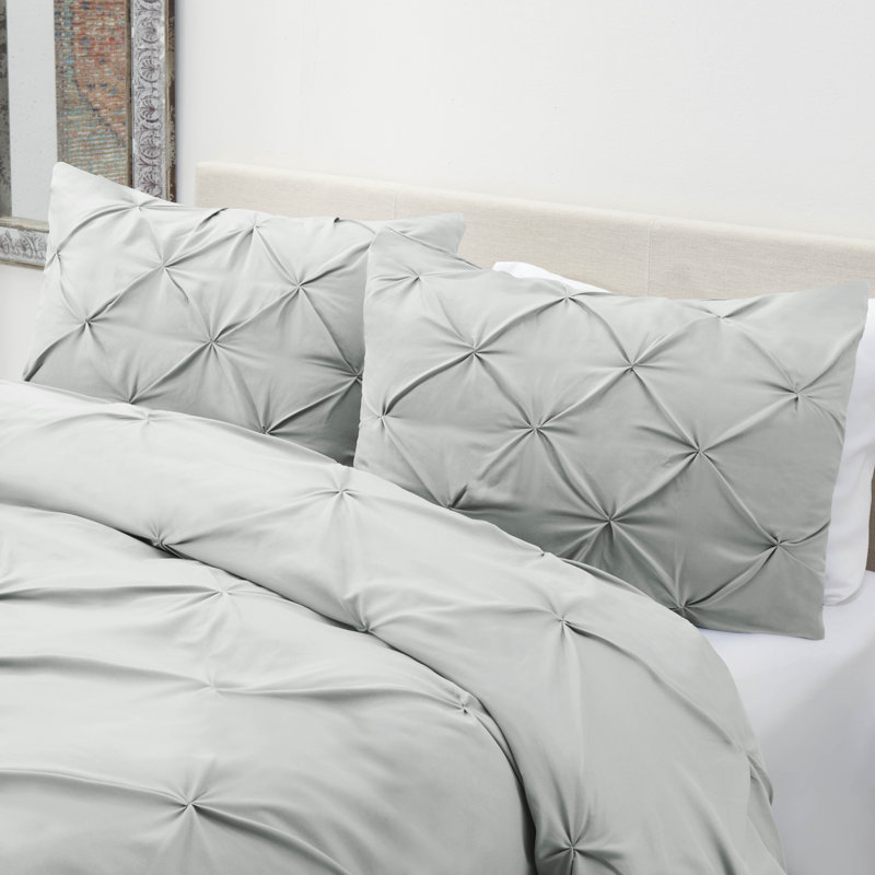 Silver Gray Pintuck Microfiber Queen Duvet Cover Set