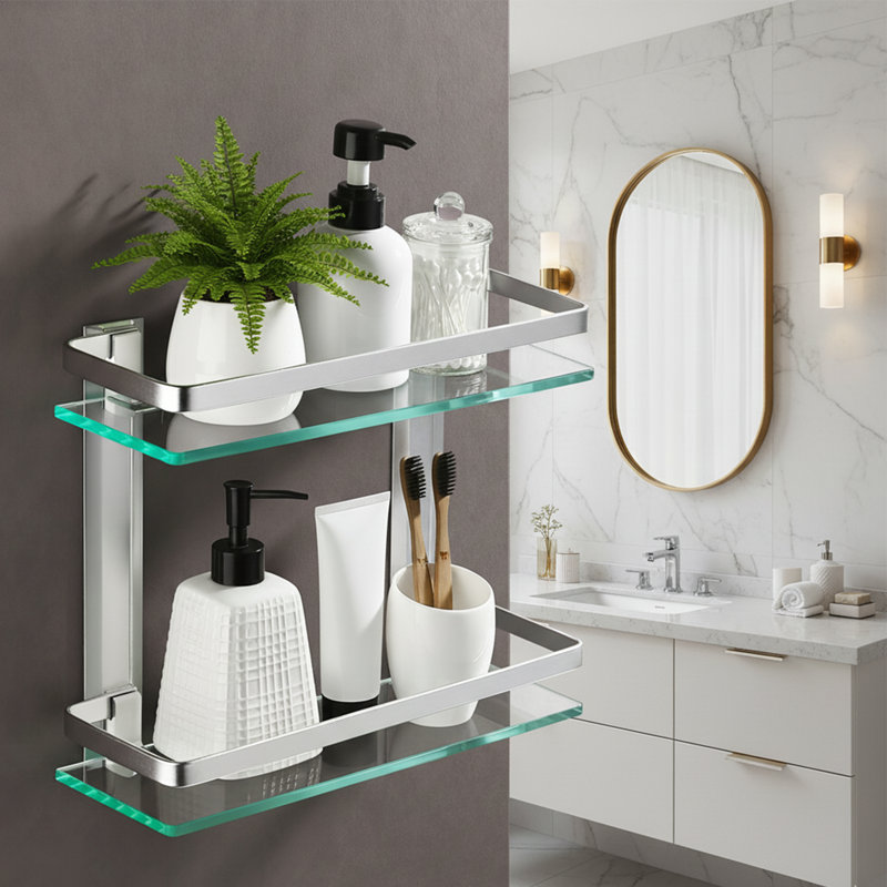 2-Tier Bathroom Shower Wall Shelf - Tempered Glass And Aluminum Construction In Silver