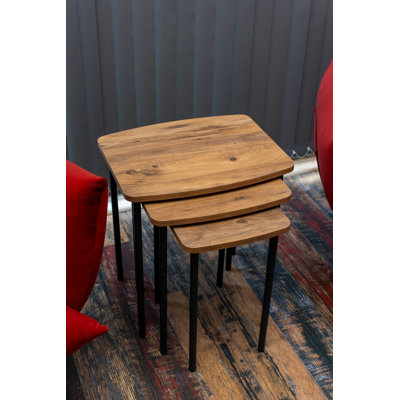 Ensemble de 3 tables gigognes, tables d'appoint empilables en métal aspect bois pour le salon