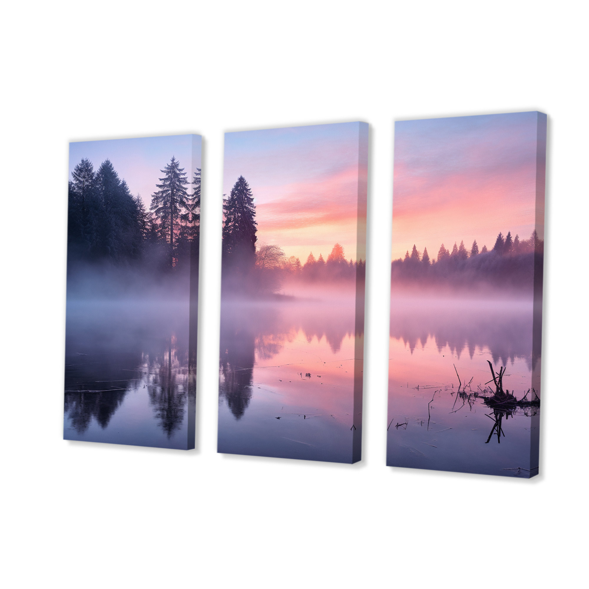 Design Art Pastel Sunrise Misty Mountain Lake - Lake Canvas Print Set ...
