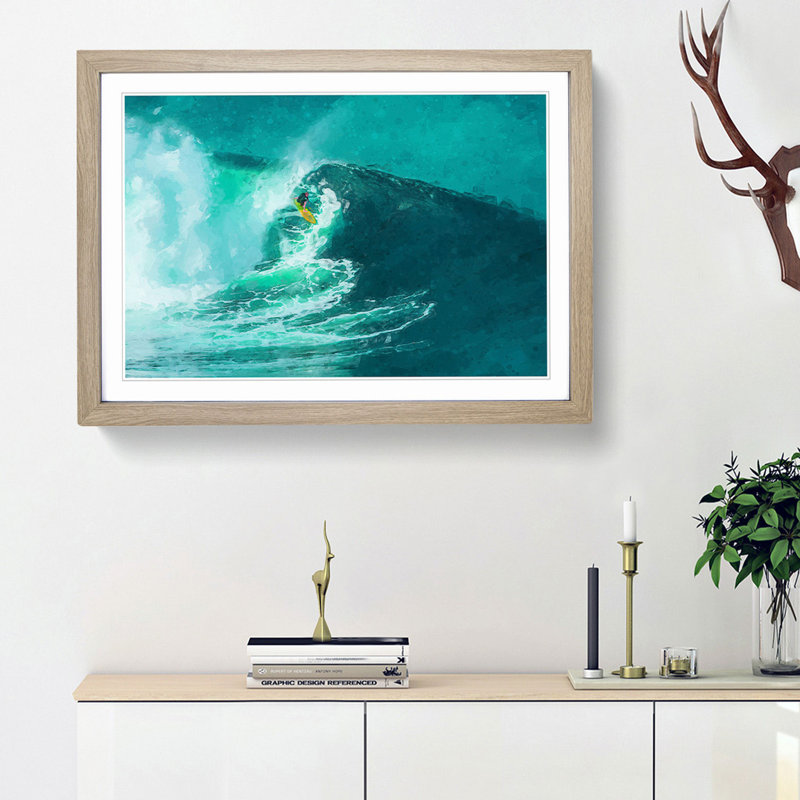Surfing in Hawaii - Picture Frame Graphic Art Print, Oak Framed, 27cm H x 36cm W x 2cm D
