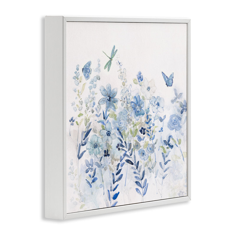 Giclée de jardin délicate bleue par Sally Swatland, Estampe numérique encadrée blanc bord de mer, H 12 po x l 12 po