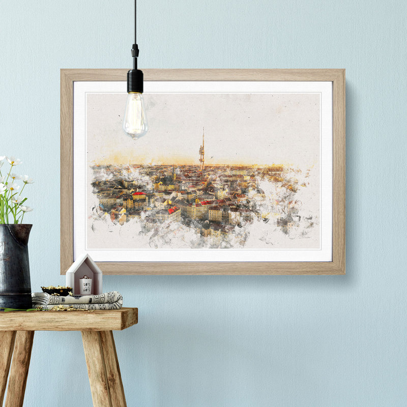 Skyline of Prague - Picture Frame Graphic Art Print, 24cm H x 33cm W x 2cm D, Oak Framed