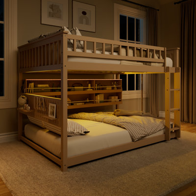 Lit superposé double au-dessus de double avec tablettes intégrées, lumières à changement de couleur et panneau perforé, beige