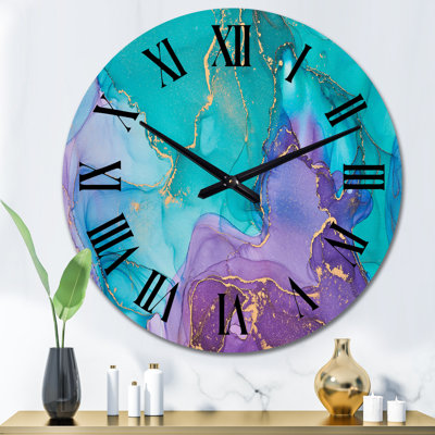 Turquoise and Purple Liquid Art I - Modern Wall Clock