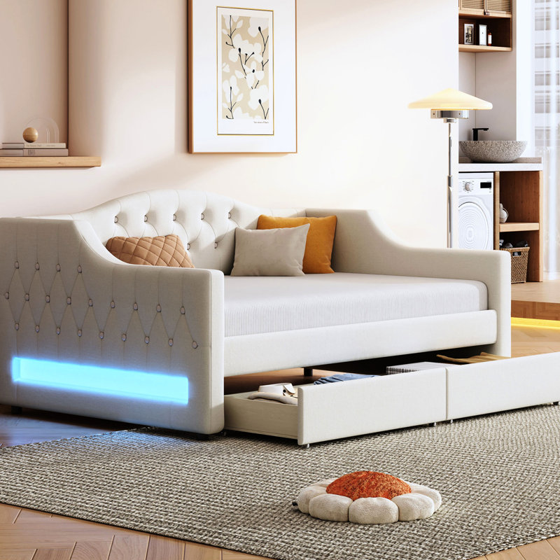Beige Upholstered Twin Xl Daybed With Led Belt, 2 Drawers, And Frame For Rustic Home Linen Lighting, Wood Relaxing Bedroom