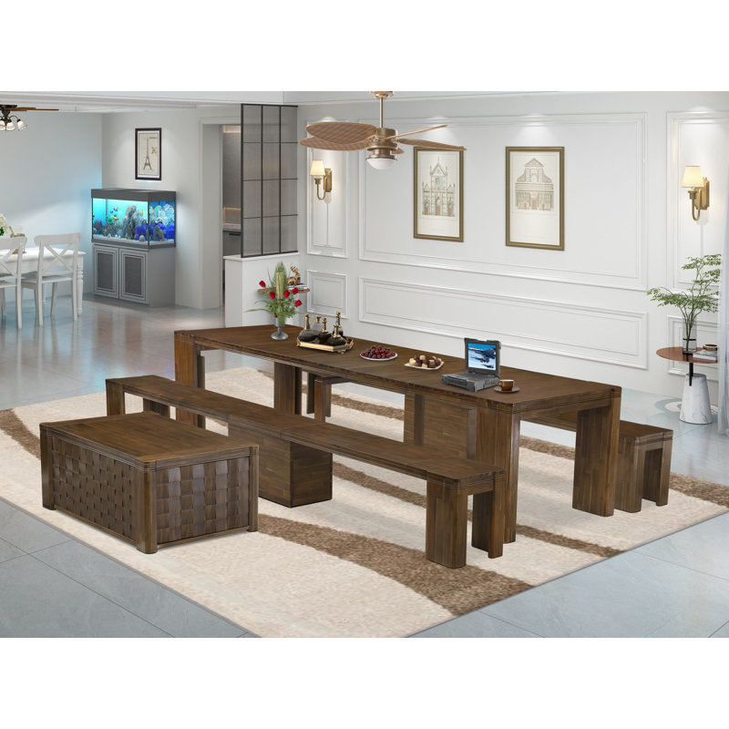L'ensemble de table de salle à manger 4 pièces comprend 1 table de cuisine, 1 table basse et 2 bancs modernes, noyer antique