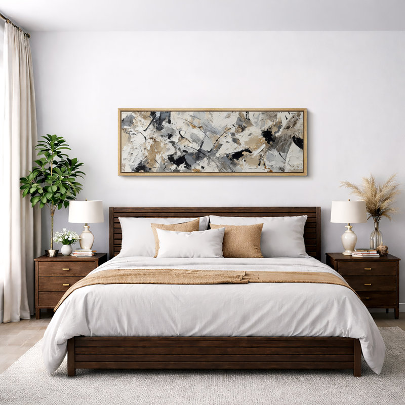 «Black and Beige Modern Abstract Expressionist Composition», très grandes photos, impression sur toile encadrée, Naturel