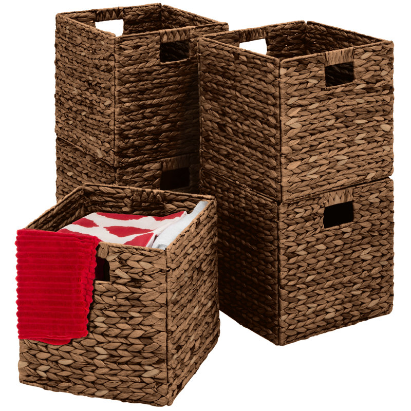 Hyacinth Storage Baskets, 5 Multipurpose Collapsible Organizers w/ Inserts, 10.5" H  x 10.5" W x 10.5" D, Brown