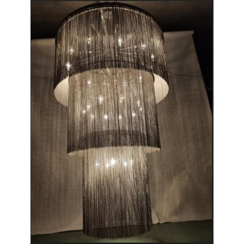 Lustre rond en fer clair, Chrome poli, Or français, 28” Dia x 42" Height