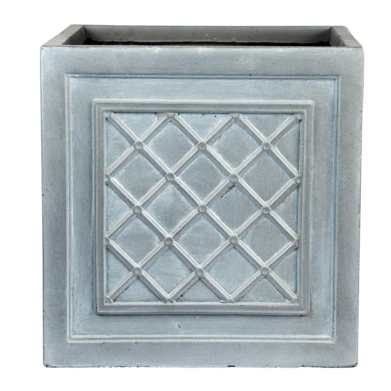 Leaden Grey Lattice Square Planter, Frostproof Outdoor Plant Pot, Vintage Style Flower Box, Square Garden Planter with Drainage Holes
