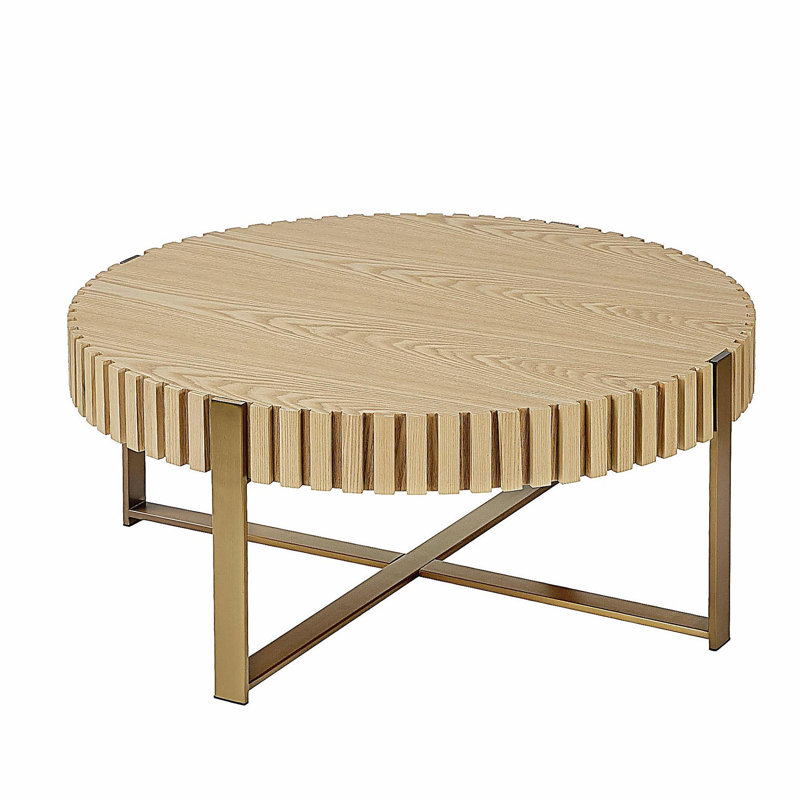 Modern Handcraft Drum Coffee Table with Sturdy Pedestal and Natural Ash Finish, Versatile for Any Room.