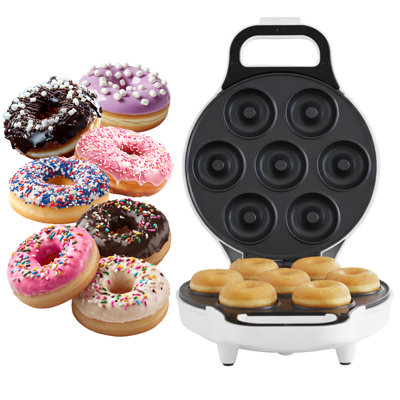 Mini Donut Maker, Durable, Nonstick Easy to Use Mini Baking Machine - Cooks 7 Mini Doughnuts at a Time - Glazed, Frosted with Sprinkles, Nuts, or Vegan Donuts, & More (White)