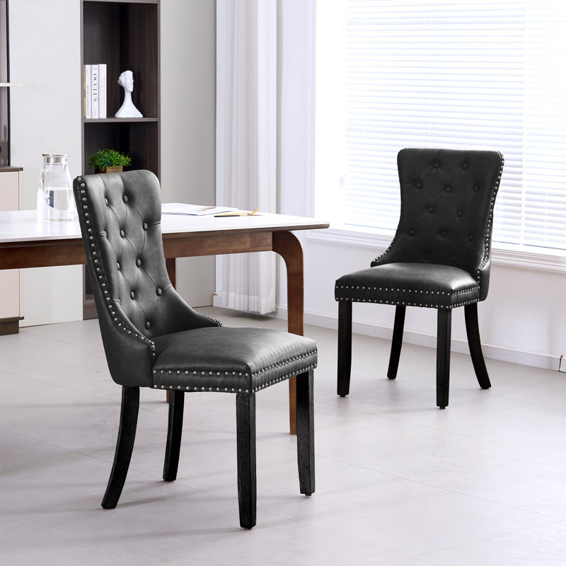 Ensemble de 2 chaises de salle à manger en similicuir en polyuréthane avec garniture cloutée et dossier capitonné, Noir mat