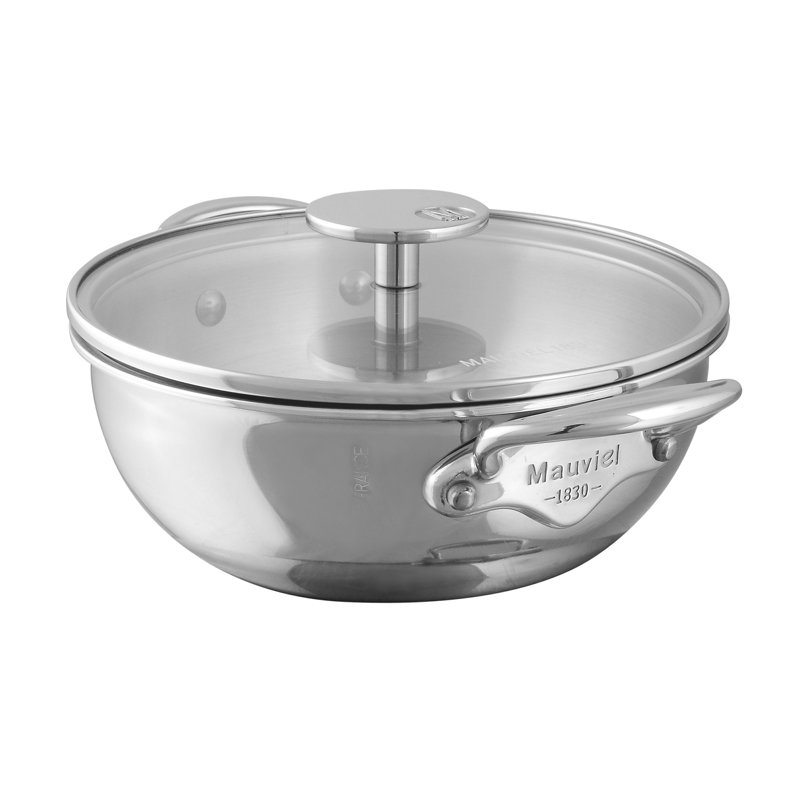 Casserole sautée courbée à 5 plis avec poignées en acier inoxydable et couvercle en verre Bad Mal de M'cook, 6,2 pintes