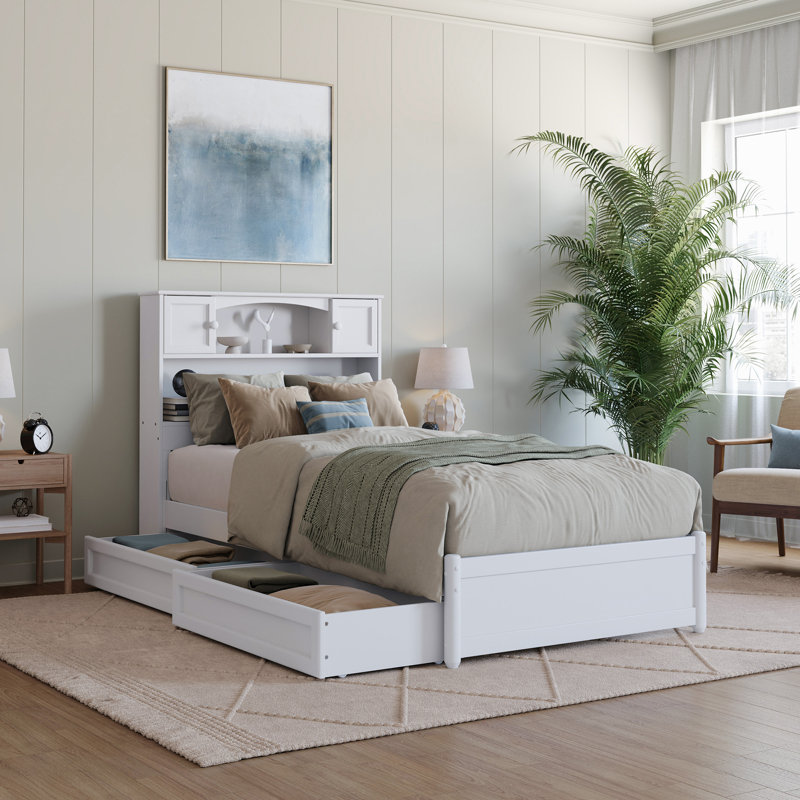 Lit plateforme en bois massif avec pied de lit et tiroirs Akanthou, Blanc, Twin XL