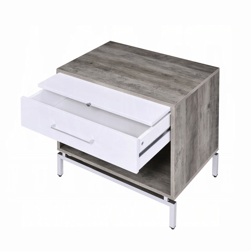 Table de chevet 1 tiroir en chêne gris et blanc, base en métal pour une chambre à coucher moderne avec base blanche, tablette de rangement pratique