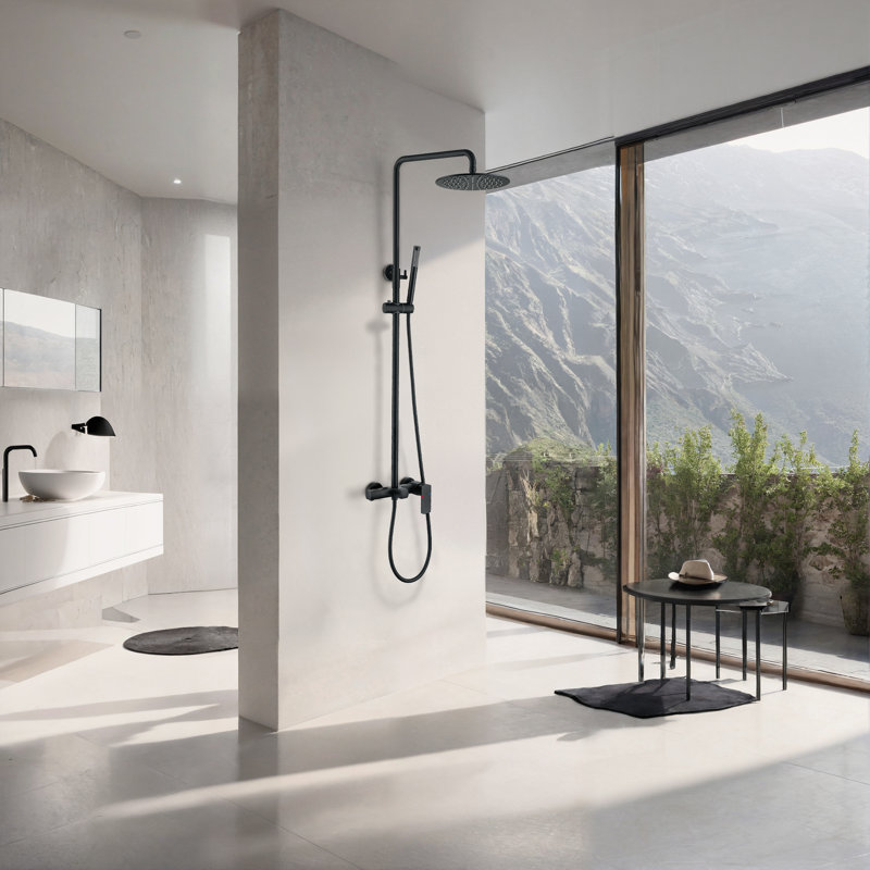 Système de douche mural complet en laiton massif avec douchette et bec de baignoire, Noir mat